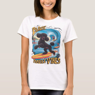T-shirt Poodle noir aquatique : surfer sur la grande vague