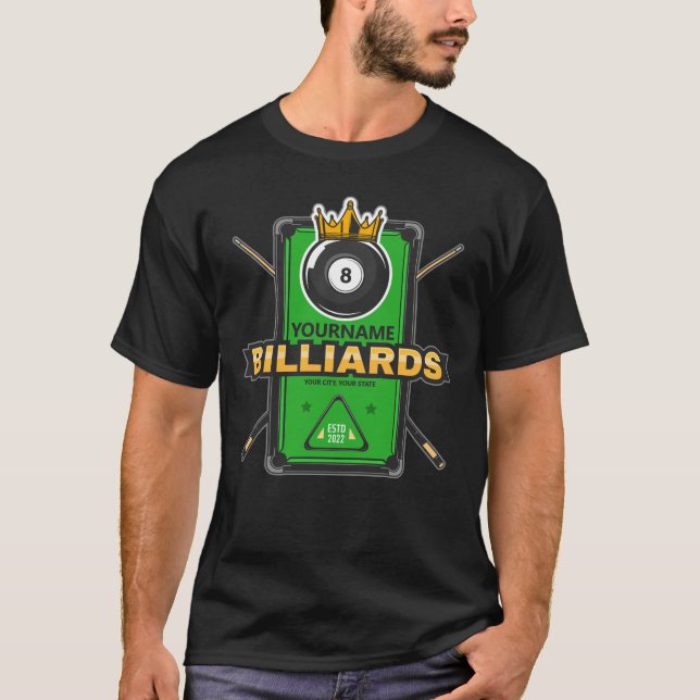 T-shirt Pool Hall personnalisé NOM 8 Ball Crown Billiards (Devant)