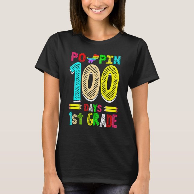 T-shirt Poppin 100 Days 1st Grade Dinosaur Primary School  (Devant)