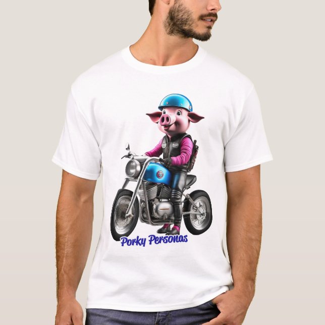 T-shirt Porky Personas drôles Pig personnages. Biker (Devant)