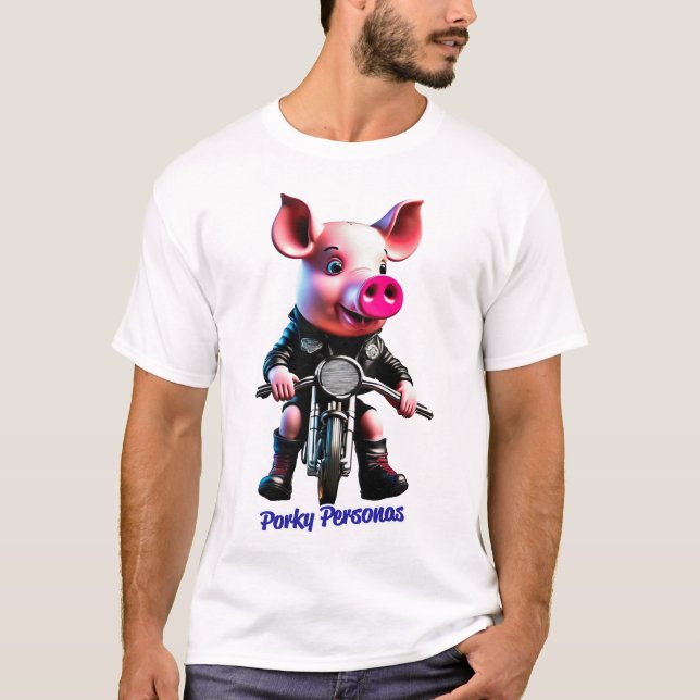 T-shirt Porky Personas drôles Pig personnages. Biker (Devant)