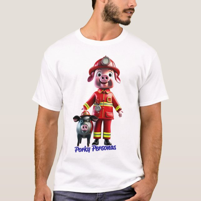 T-shirt Porky Personas drôles Pig personnages. Pompier (Devant)