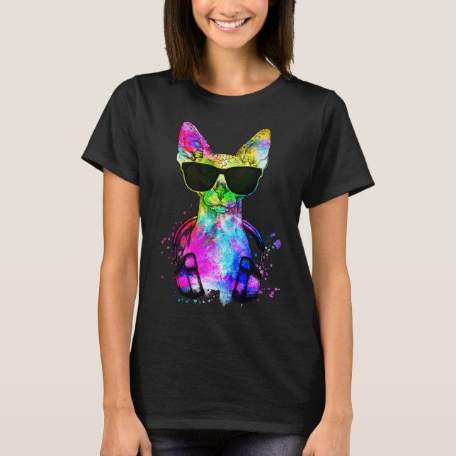 T-shirt Portrait de chat Retro Pop Sphynx avec casque (Devant)