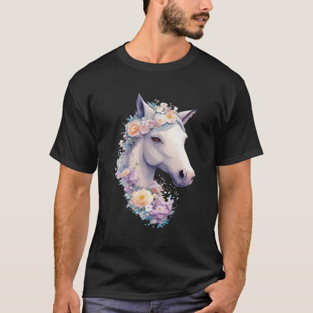T-shirt Portrait De Cheval Blanc Avec Fleurs Vache Horseba (Devant)