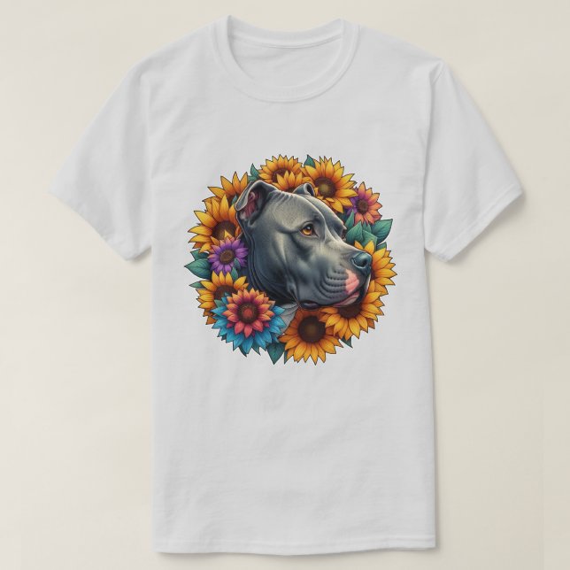 T-shirt Portrait de chien entouré de tournesols dynamiques (Design devant)
