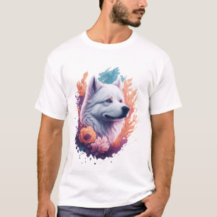 T-shirt Portrait de chien - Samoyed Fleurs Éclaboussures