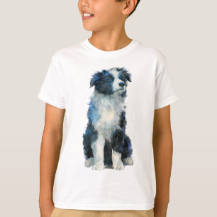 T-shirt Portrait de chiot Border Collie bleu pour enfants