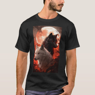 T-shirt Portrait du Loup noir et du Loup blanc par la Lune