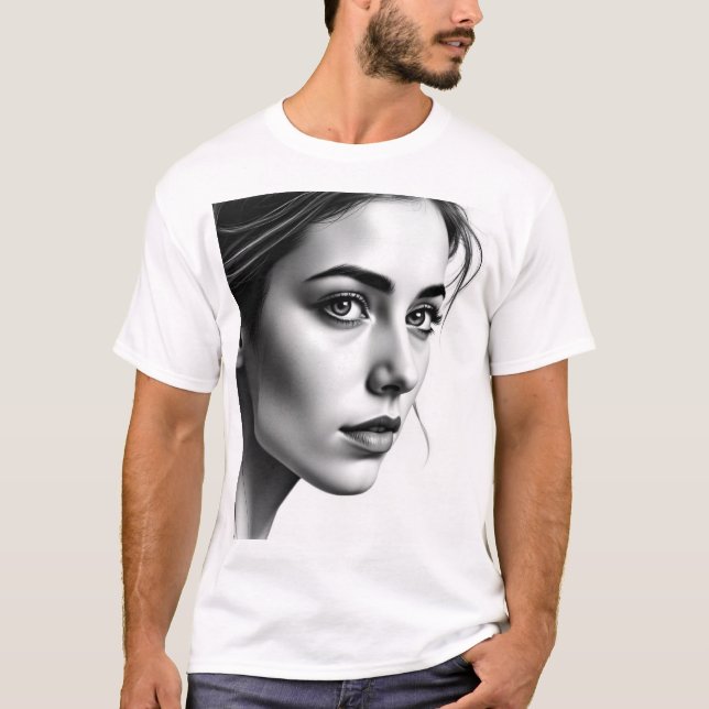 T-shirt Portrait féminin élégant - Charbon noir & blanc A (Devant)
