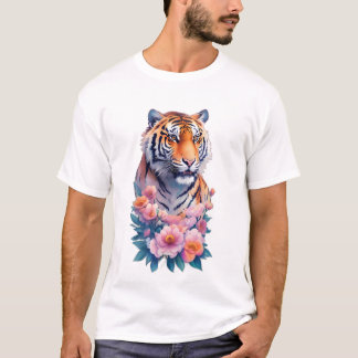 T-shirt Portrait majestueux de tigre avec des pivoines ros