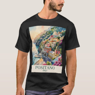 T-shirt Positano Italie Côte Amalfitaine Paysage Aquarelle