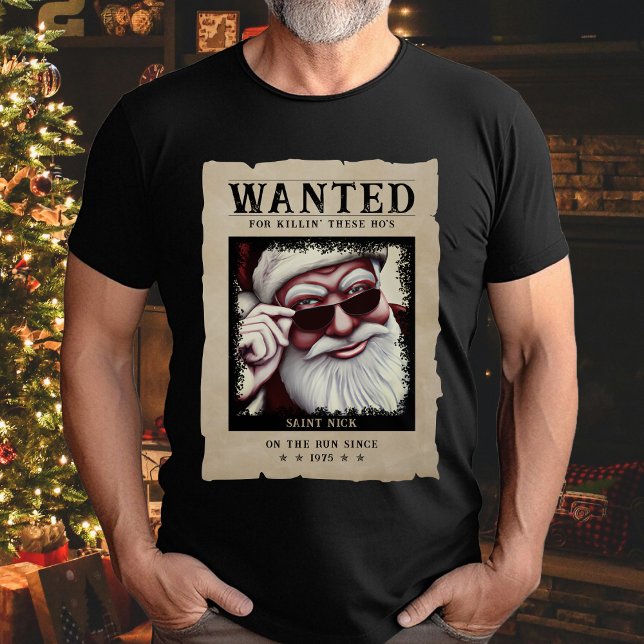 T-shirt Poster Recherché Vintage Photo Père Noël Funny Noë (Wanted Poster Vintage Photo Santa Funny Christmas T-Shirt
)