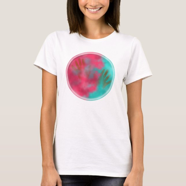 T-shirt Poudre et mains Holi Hai turquoise et rose (Devant)