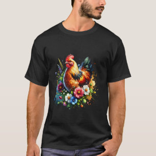 T-shirt Poule Art Floral Graphique Femmes Ferme Poule Amou