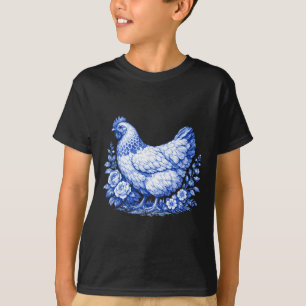 T-shirt Poulet Floral Bleu Toile De Jouy Mignon Poulet Loi