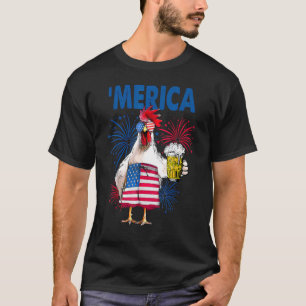 T-shirt Poulet Merica avec bière Drapeau Usa 4 juillet Cou