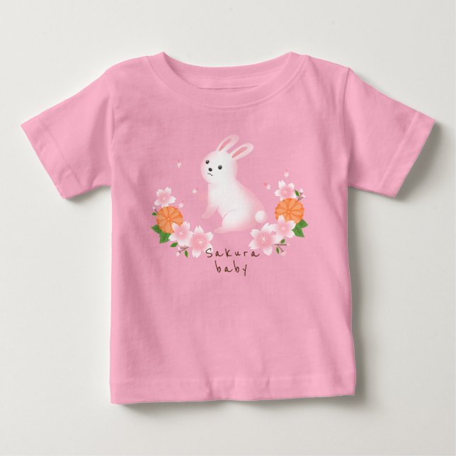 T-shirt Pour Bébé 可愛い桜と白うさぎ ピンク 日本 和風 cherry blossoms (Devant)