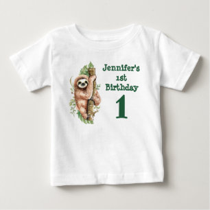 T-shirt Pour Bébé 1er anniversaire aquarelle Sloth & Feuilles tropic
