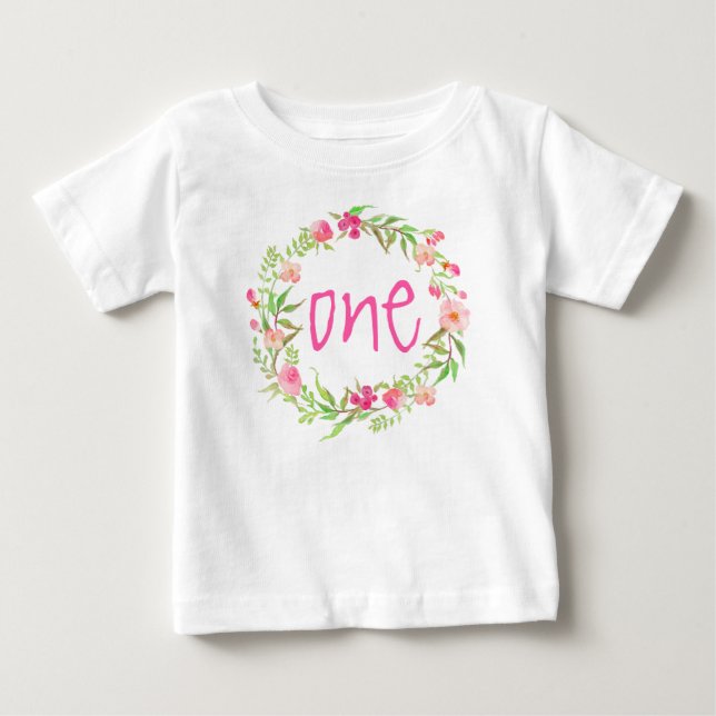 T-shirt Pour Bébé 1er anniversaire Baby Girl Aquarelle Floral Wreath (Devant)
