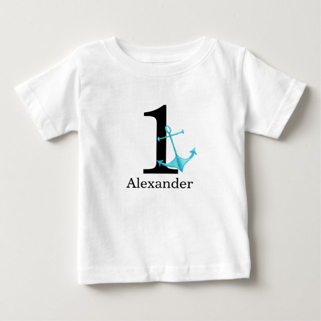 T-shirt Pour Bébé 1er anniversaire bébé garçon Ancre nautique Nom pe (Devant)