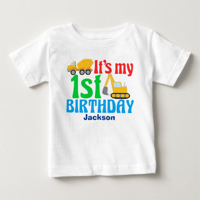 T-shirt Pour Bébé 1er anniversaire Boy Construction Véhicule Party (Devant)
