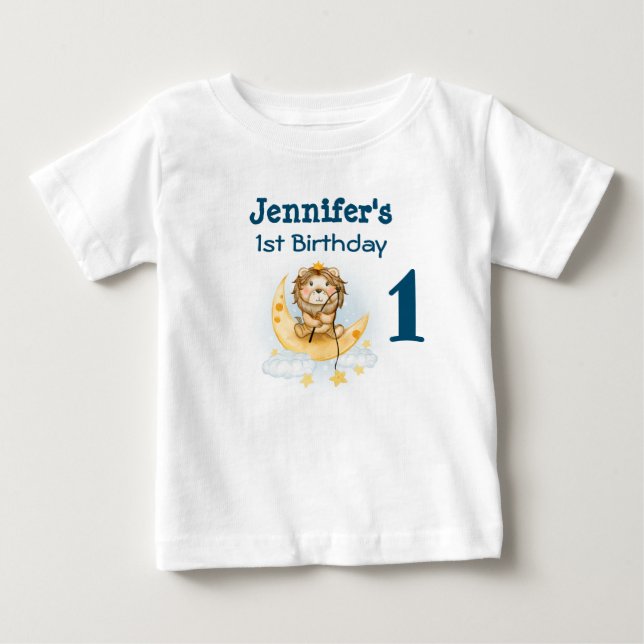 T-shirt Pour Bébé 1er Anniversaire Cute Lion Pêche sur la Lune (Devant)