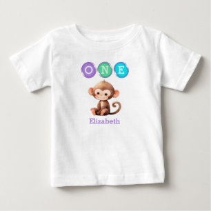 T-shirt Pour Bébé 1er anniversaire de singe avec nom violet