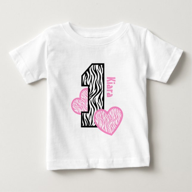 T-shirt Pour Bébé 1er anniversaire FILLE Zèbre Coeurs roses 1 an (Devant)
