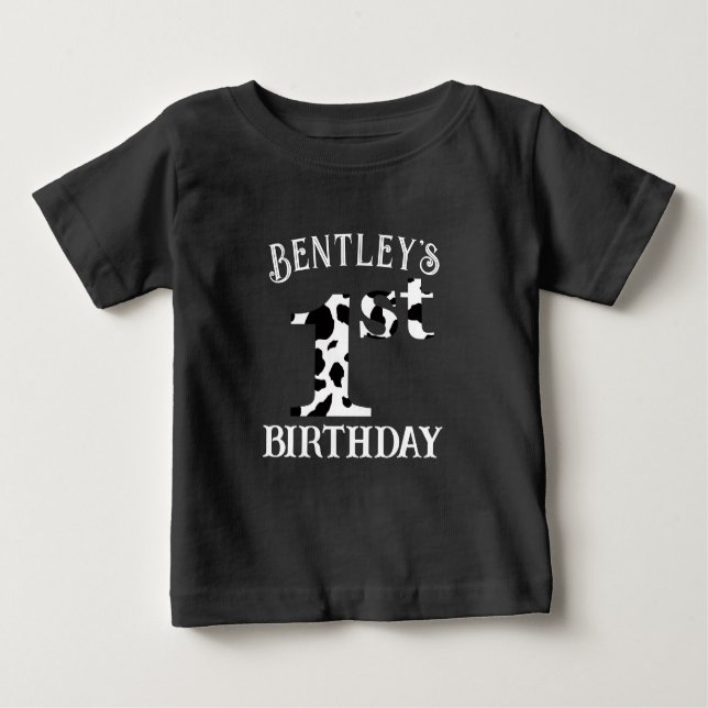T-shirt Pour Bébé 1er Anniversaire Impression Vache Texte Blanc (Devant)
