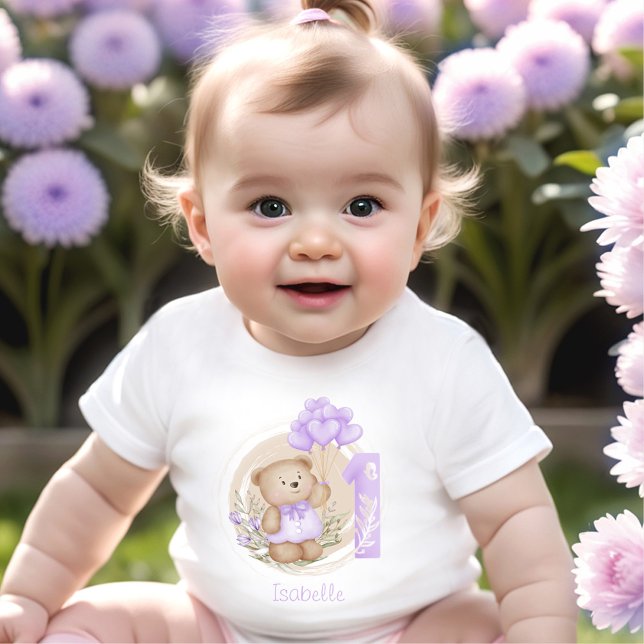 T-shirt Pour Bébé 1er Anniversaire Nom Cute Teddy Bear Purple (1st Birthday Cute Teddy Bear Purple Balloons Baby T-Shirt)