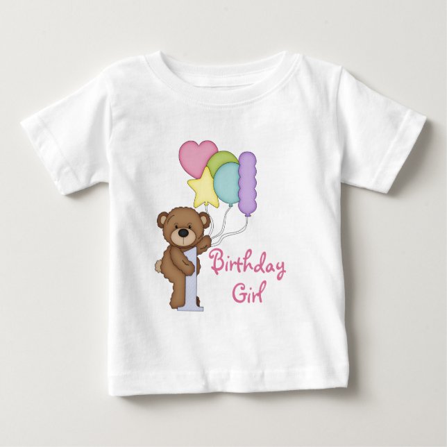 T-shirt Pour Bébé 1er anniversaire Ours avec ballons Fille d'anniver (Devant)