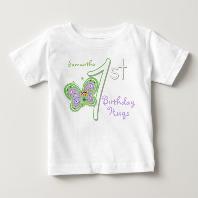T-shirt Pour Bébé 1er Anniversaire Papillon Hugs Nom personnalisé (Devant)