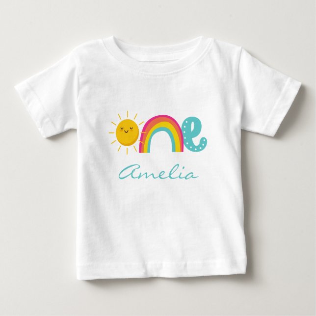 T-shirt Pour Bébé 1er Anniversaire Rainbow Sun Blanc Personnalisé (Devant)