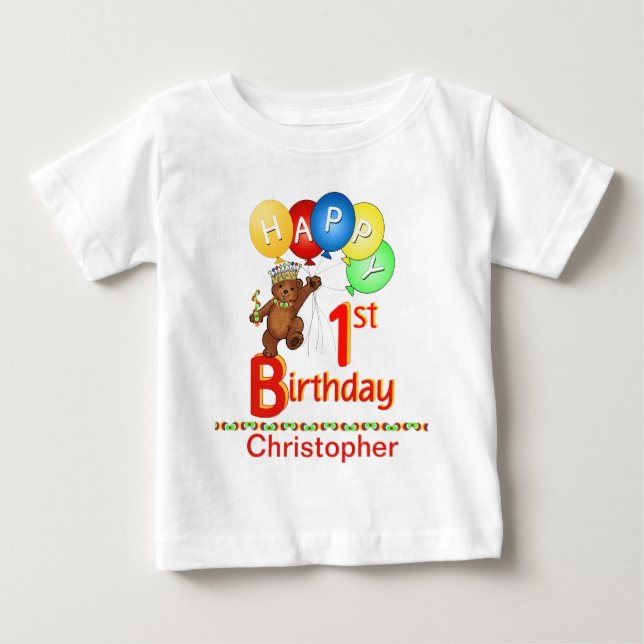 T-shirt Pour Bébé 1er anniversaire Regal Teddy Bear Nom personnalisé (Devant)