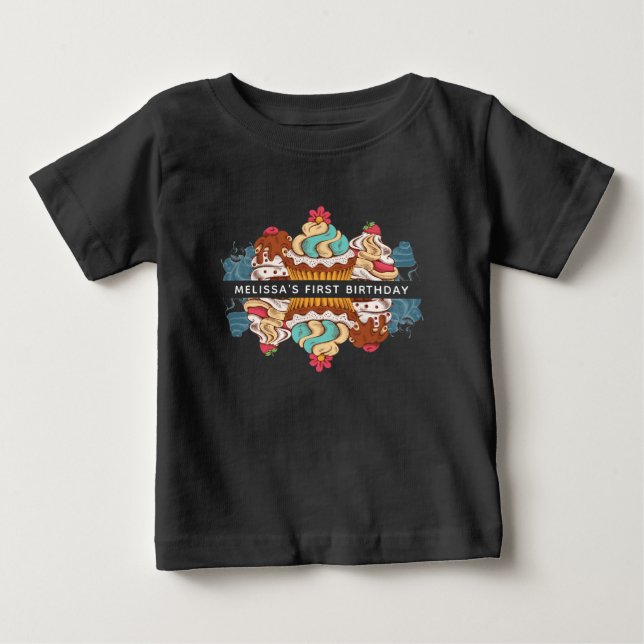 T-shirt Pour Bébé 1er Anniversaire Retro Style Cupcakes Sweet Desser (Devant)