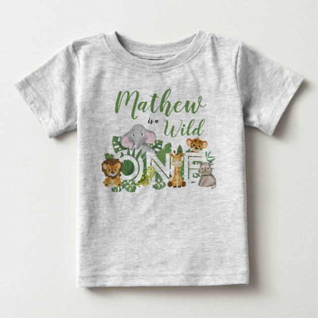 T-shirt Pour Bébé 1er anniversaire Wild One Jungle Safari Animaux Ba (Devant)