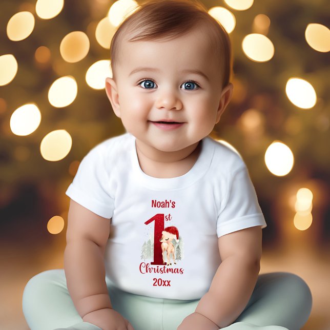 T-shirt Pour Bébé 1ère Forêt de cerfs de Noël (1st Christmas Cute Deer Forest Baby T-Shirt)