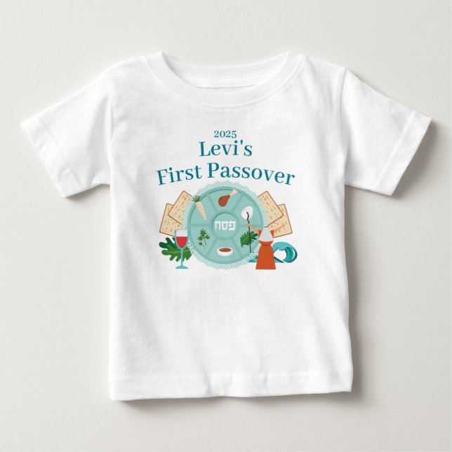 T-shirt Pour Bébé 1ère Pâque Bleu Personnalisé Nom du garçon Année (Devant)