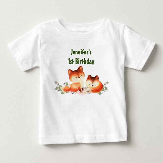 T-shirt Pour Bébé 2 mignons petits renards rouges Aquarelle 1er anni (Devant)