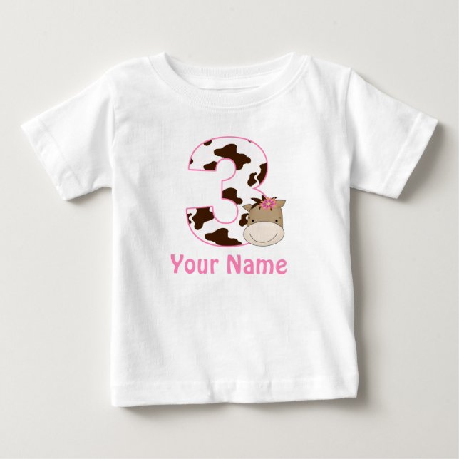 T-shirt Pour Bébé 3e Anniversaire Vache Imprimer Cheval Personnalisé (Devant)