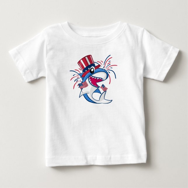 T-shirt Pour Bébé 4 juillet de requin patriotique bleu rouge (Devant)