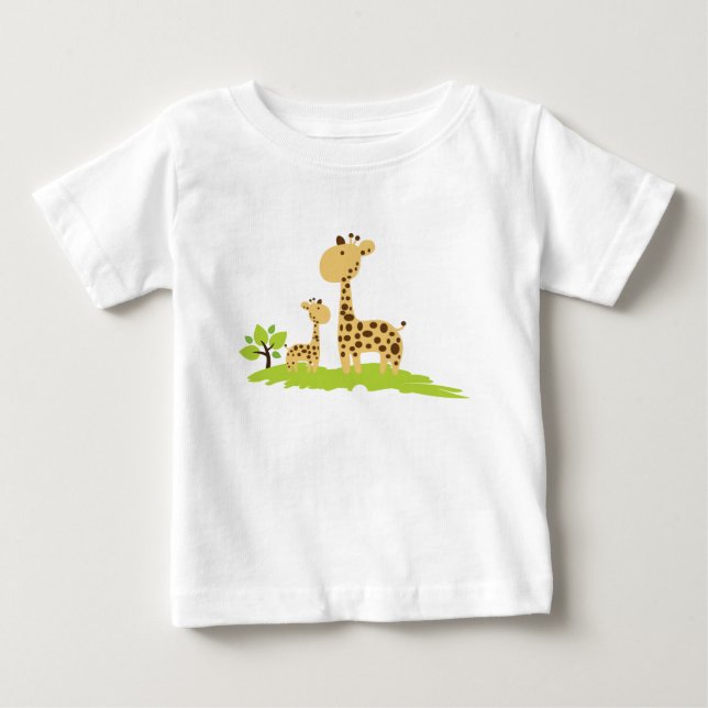 T-shirt Pour Bébé Adorable maman & bébé Giraffe Vert & Jaune (Devant)