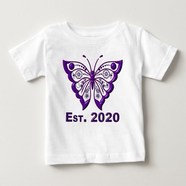 T-shirt Pour Bébé Adorablement Mignonne "Est. Papillon pourpre 2020" (Devant)