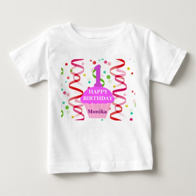 T-shirt Pour Bébé Âge et nom customisés Joyeux Cupcake d'anniversair (Devant)