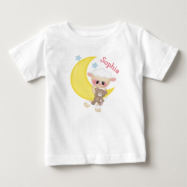 T-shirt Pour Bébé Agneau mignon sur croissant de lune avec monogramm (Devant)
