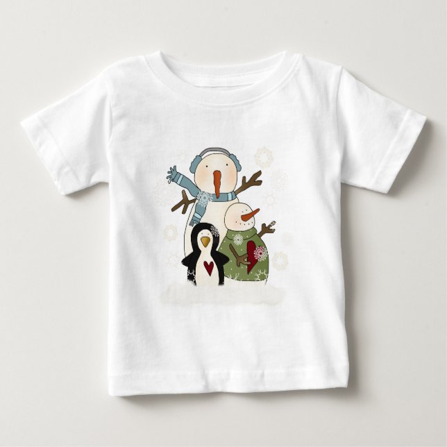 T-shirt Pour Bébé Amis de neige Snowmen et Penguin (Devant)