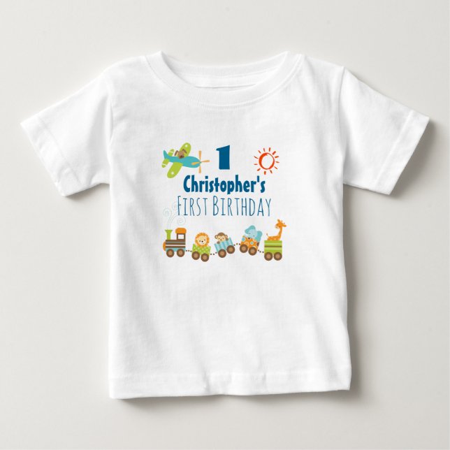 T-shirt Pour Bébé Animal Toy Train et avion premier anniversaire (Devant)