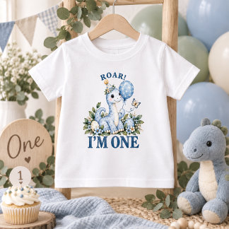 T-shirt Pour Bébé Anniversaire 1 an Dinosaure Aquarelle Bleu Pastel
