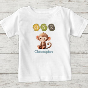 T-shirt Pour Bébé Anniversaire 1ère année singe avec nom bleu