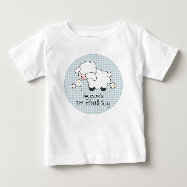 T-shirt Pour Bébé Anniversaire de l'agneau En vichy bleu personnalis (Devant)